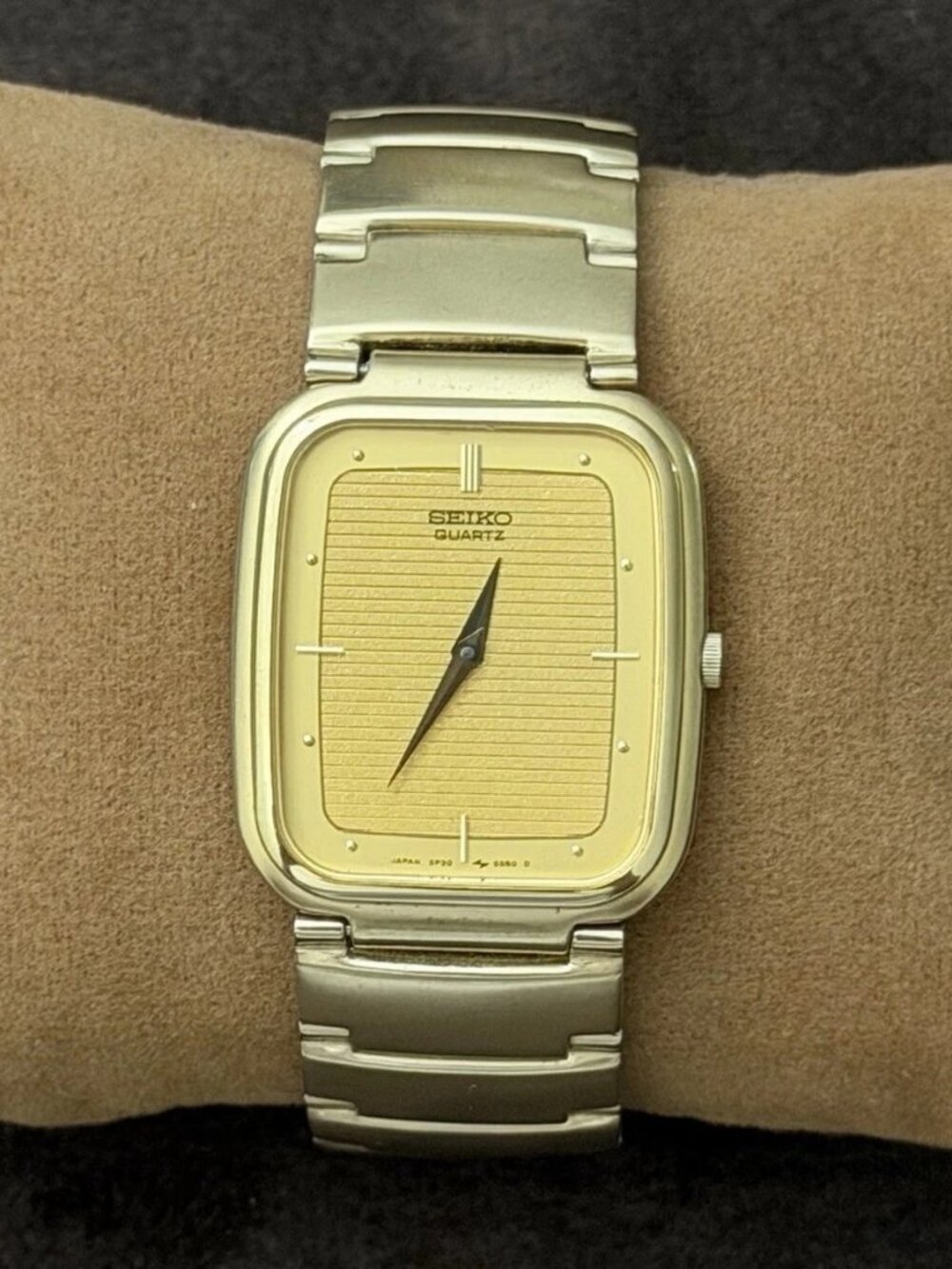 Seiko Quartz Rectangle Dress Watch Gold Textured Dial Two-Tone Bracelet